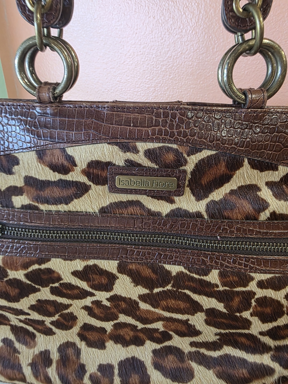 Isabella Fiore Brown Leopard Cowhide Fur Top-Handle Tote Luxury Animal Print Bag - Picture 8 of 16